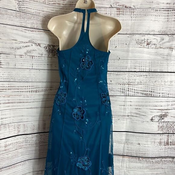 Vintage Newport News Dress Womens Halter y2k 90s embroidered sequin Fairy Teal - Picture 7 of 12